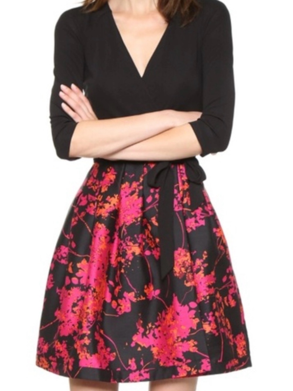 Diane Von Furstenberg Black Mini Dress with Pink & Orange Floral Skirt